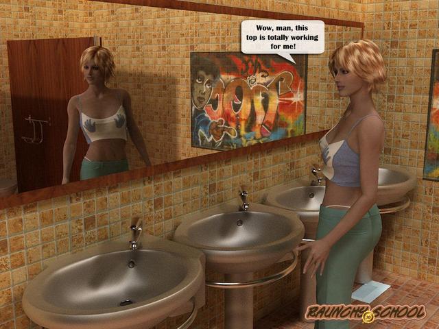 Raunchy School 3D - Girls caught using a giant sex toy in the bathroom